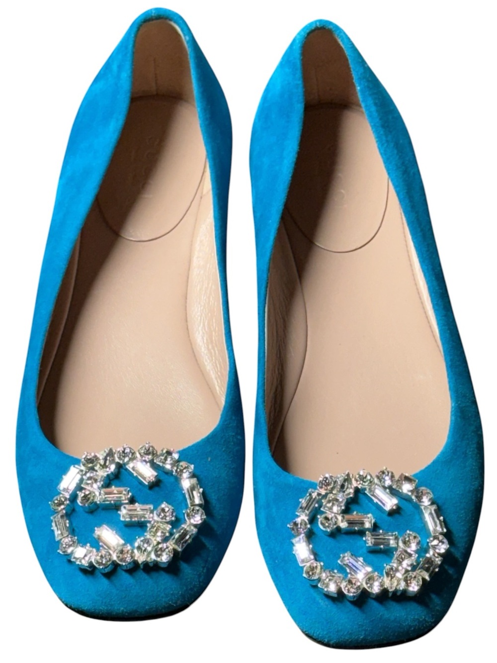Gucci, Turquoise Suede and Cristal Logo, Flats